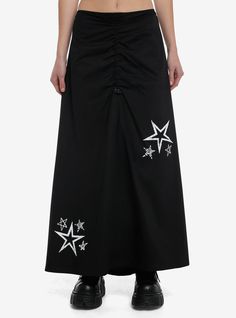 Elevate your summer wardrobe with this edgy maxi skirt! It has a low rise fit and features different white star designs printed on the front  plus cinching in the center with a bungee cord strap. Complete with an elasticated waistband.100% cottonWash cold; dry lowLength: 38''ImportedListed in junior sizesModel is 5'10''Model wears size Small Spiral Star, Social Collision, Maxi Skirt Plus Size, Disney Dragon, Emily The Strange, Blue Beetle, The Big Lebowski, Bungee Cord, White Star