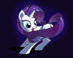 an animated pony with purple hair and blue eyes, sitting on the ground in front of a dark background