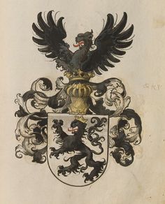 a drawing of a coat of arms with two black birds perched on top of it