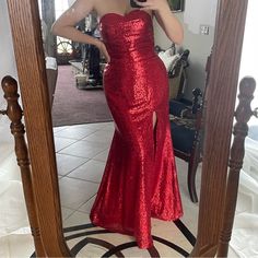 Used As A Jessica Rabbit Costume. Has A Small Patch Of Missing Sequin On The Right Bottom Side Of The Dress About Thigh High. Has An Internal Clip And Back Zip Up. Very Flattering. Red Strapless Sequin Evening Dress, Red Sequin Gown With Sweetheart Neckline, Red Gown For Prom Season Night Out, Red Gown For Prom Night Out, Red Fitted Bodice Gown For Night Out, Red Gown With Fitted Bodice For Night Out, Red Full-length Evening Dress For Party, Jessica Rabbit Costume, Rabbit Costume