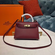 HM Mini Kelly Burgundy For Women Gold Toned Hardware 7.5in/19cm Mini Kelly Outfit, Mini Kelly Hermes, Mini Kelly Bag, Burgundy Bag, Mini Kelly, Hermes Kelly Bag, Pop Color, Togo Leather, Kelly Bag