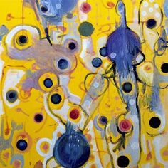 an abstract painting with circles and dots on yellow background, including blue vases in the foreground