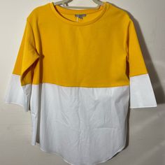 Cos Layered Blouse Yellow Knit With White Underlay 3/4 Sleeves Oversized Fit Underarm To Underarm 19.5” Length 27” Tiny Snag On Sleeve Yellow Stretch Long Sleeve Top, Oversized Yellow Long Sleeve Top, White 3/4 Sleeve Tops For Layering, Trendy Yellow Long Sleeve Tops, Yellow Color Block Long Sleeve Top, Yellow Stretch Long Sleeve Blouse, Yellow Oversized Long Sleeve Blouse, Trendy Yellow Stretch Blouse, Stretch Yellow Knit Top