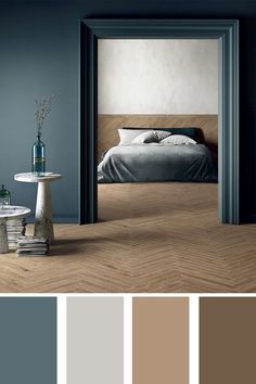 a bedroom with blue walls and wood flooring is shown in the color scheme, along with an image of a bed