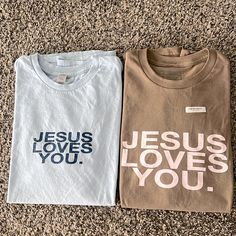 Bundle Of Two Jesus Loves You Company T-Shirts! Both Are Size Medium! Brown Is Brand New And The Blue Was Just Tried On But Never Worn. Retail At $38 Each And The Mocha/Blush Is Sold Out! Jesus Loves You Shirt, Jesus Merch, Jesus Clothing, Camp Shirt Designs, Christian Graphic Tees, Jesus Clothes, Cricut Shirts, Girls Camp, Online Shopping Websites