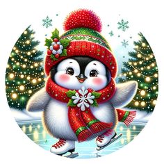 a penguin wearing a red hat and scarf skating on the ice with christmas lights in the background