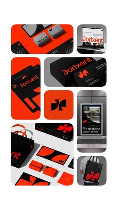 an assortment of business cards and stationery designed to look like modern buildings with red accents