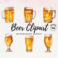 beer clipart vol4 watercolor bundle with glasses and mugs on white background