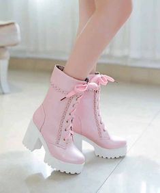 Sepatu Platform, Lace High Heels, Pop Punk Fashion, Cute High Heels, Kawaii Shoes, Pink Boots, Platform High Heels, Martin Boots, Platform Boots