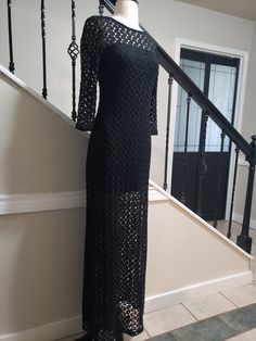 "Beautiful and elegant black crochet lace floor length dress with side slits. Size medium. Fits best with a 34\" bust and 32\" waist, however fabric has a little stretch. Measures 50 1/2\" from underarm to bottom of the dress. In top vintage condition." Belted Sweater, Crochet Vintage, Floor Length Dress, Vintage Gothic, Top Vintage, Black Crochet, Floor Length Dresses, Dress Medium, Cardigan Jacket