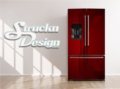 a red refrigerator with the words stuck in design on it's front and side