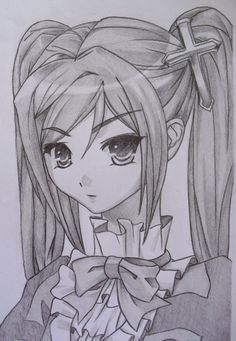 a pencil drawing of a girl with long hair and a cross on her shoulder, looking over her shoulder