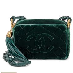 Chanel Green Quilted Velvet Cc Camera Tassel Bag Gold Hardware, 1991 The Interior Is Lined In A Black Leather Bag Is In Better Shape Than One In Stock Photos No Discoloration On The Straps Cc Camera, Chanel Green, Quilted Velvet, Black Leather Bag, Green Quilt, Tassel Bag, Black Leather Bags, Chanel Bags, Green Bag