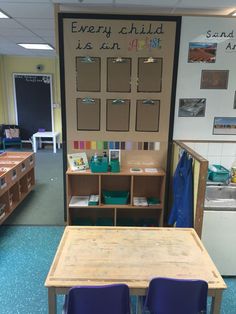 an empty classroom with desks and chairs in front of the chalkboard that says every child is fun at first