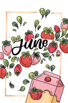 a box with strawberries flying out of it and the word juice above it is surrounded by strawberrys