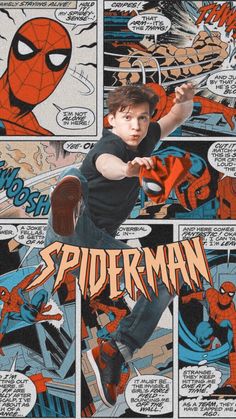 a young man in black shirt flying through the air with spiderman on his back