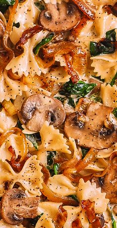 pasta with mushrooms and spinach in a pan