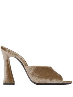 taupe leather velvet almond open toe slip-on style branded insole 105mm high block heel Velvet Mules, Taupe Leather, Anthony Vaccarello, Grey Velvet, Footwear Design Women, Mules Shoes, Light Brown, Designer Shoes, Designing Women