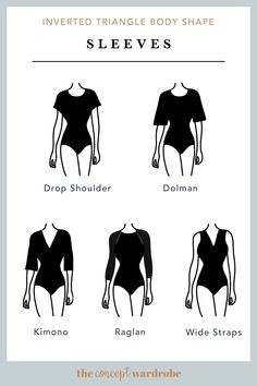 the concept wardrobe | A selection of great sleeve styles for the inverted triangle body shape. Short sleeves should be tight-fitted and tapered, whereas long sleeves should be flaring.