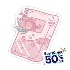 a sticker with an image of a pink cell phone and flowers on the back