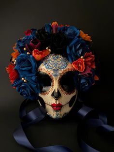 Made to Order Catrina Mask With Velvet Roses. Blue Catrina - Etsy Catrina Mask, Mascara Papel Mache, Day Of The Dead Mask, Sugar Skull Artwork, Paper Mache Mask, Mascaras Halloween, Day Of The Dead Art, Mask Painting, Costume Masks