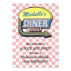 a pink and white checkered birthday card with an image of a diner's sign