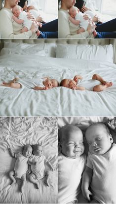 multiple photos of babies sleeping on a bed