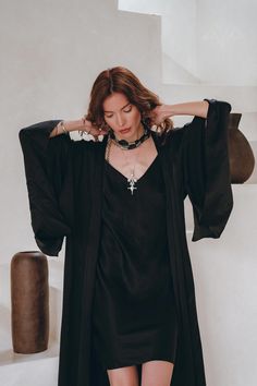 Wide Sleeve Bohemian Kaftan Cardigan • Black Peace Silk Kimono Robe | AYA Sacred Wear Bohemian Black Long Robe, Bohemian Long Black Robe, Black Long Bohemian Robe, Long Black Bohemian Robe, Bohemian Black Robe With Kimono Sleeves, Black Bohemian Robe With Kimono Sleeves, Bohemian V-neck Cardigan For Loungewear, Elegant V-neck Kaftan For Fall, Elegant V-neck Fall Kaftan