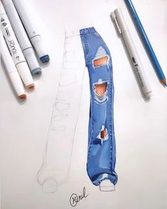 a pencil drawing of a blue jean piece with holes in it and three markers next to it