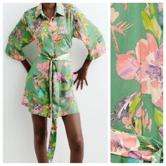 Nwt. Zara Green Floral Print Satin Effect Mini Shirt Dress With Lapel Collar. Below The Elbow Length Wide Sleeve. Matching Belt. Front Hidden Button Closure. Size M. Ref. 8269/269. Pit To Pit 21" Flat, Shoulders 21", Sleeves 14,5", Waist 20,5", Length 34". C Feminine Spring Shirt Dress For Brunch, Feminine Shirt Dress For Spring Brunch, Feminine Shirt Dress For Vacation In Spring, Zara Shirt Dress For Summer, Pink Floral Print Shirt Dress For Summer, Zara Shirt Dress For Spring Day Out, Zara Summer Shirt Dress, Spring Printed Shirt Dress For Daywear, Spring Pink Shirt Dress For Vacation