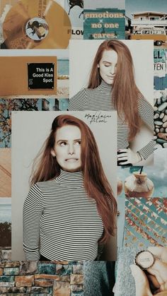 a woman with long red hair standing in front of a collage of pictures and photos