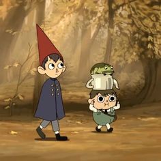 two cartoon characters walking in the woods with one carrying a pot on his head and another holding a frog's head