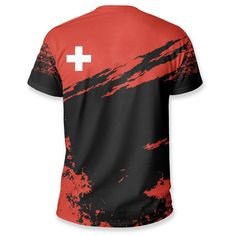 Switzerland T Shirt CustomDescription Our Unisex T-shirt is made of a premium polyester blend, offering maximum comfort with a soft feel. It boasts an all-over print design created through a high-definition heat-dye application that ensures vibrant and long-lasting colors even after multiple washes. This T-shirt’s fabric is durable and resistant to wrinkles, shrinking, and mildew, ensuring its longevity. The thread line color is limited to black or white. Every T-shirt is custom printed, cut, an Sporty Black Printed T-shirt, Crew Neck Tops With All Over Print For Sports, Printed Short Sleeve T-shirt For Sports Events, Sports Jersey T-shirt With All Over Print, Sports Printed T-shirt, Sporty Printed T-shirt For Sports, Sporty Short Sleeve T-shirt With All Over Print, Sporty Printed T-shirt, Sporty T-shirt With All Over Print For Streetwear