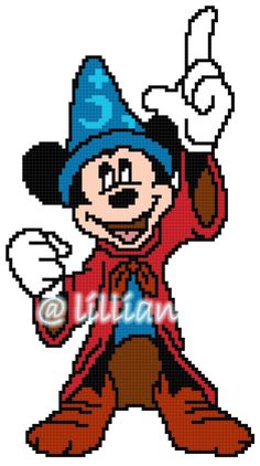 an image of mickey mouse in the style of pixelo cross - stitch pattern on a white background