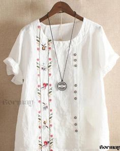 Bormay - Elegant Linen Casual Shirt featuring Exquisite Vintage Embroidery Casual Summer Tops With Intricate Embroidery, Casual Tops With Intricate Embroidery For Summer, Spring Short Sleeve Tops With Intricate Embroidery, Spring Tops With Intricate Embroidery And Short Sleeves, Short Sleeve Tops With Intricate Embroidery For Spring, Casual Short Sleeve Blouse With Intricate Embroidery, Intricate Embroidery Short Sleeve Tops For Spring, Spring Embroidered Tops With Buttons, Spring Tops With Multicolor Embroidery And Buttons