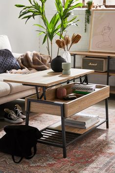 a living room with a couch, coffee table and plants on the side tables in front of it