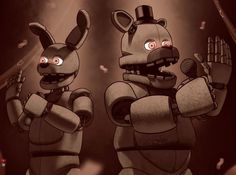 two cartoon rabbits are standing next to each other with their hands up in the air