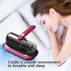 a woman laying in bed with her head on the pillow and an air freshener