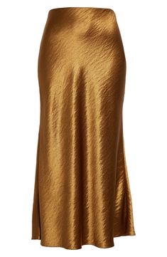 Hammered texture elevates the elegant look of this bias-cut satin skirt in a burnished golden hue that evokes autumnal splendor. 36 1/2" length (size 8) Hidden side-zip closure 100% polyester Dry clean Imported Designer Clothing Gold Maxi Skirt, Elegant Metallic Long Skirt, Elegant Metallic Mini Skirt, Gold Long Skirt For Formal Occasions, Chic Metallic Skirt For Formal Occasions, Chic Formal Metallic Skirt, Luxury Fitted Gold Skirt, Glamorous Gold Long Skirt, Glamorous Long Gold Skirt