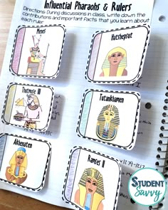 the egyptian pharaohs and rulers task cards are shown on top of an open notebook