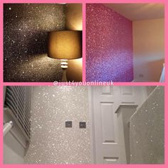 three different images of the same room with glitter on the walls and in the ceiling