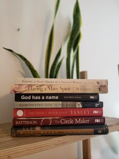 a stack of books sitting on top of a wooden table next to a potted plant