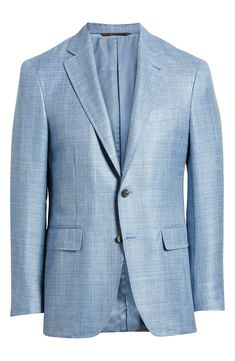 Woven in a mélange of pale blues, this sport coat crafted from wool, silk and linen features traditional detailing and smartly elevates any semiformal look. 30" length (size 54EU) Notched lapels Nonfunctional four-button cuffs Cuff buttons may not be attached. Jackets purchased at full price can have the sleeve length customized for free at your local Nordstrom Chest welt pocket; front flap pockets Lined 68% wool, 20% silk, 12% linen Dry clean Made in Italy Luxury Wool Sport Coat For Spring, Luxury Spring Wool Sport Coat, Elegant Light Blue Business Outerwear, Blue Tweed Business Jacket For Spring, Timeless Spring Sport Coat With Pressed Crease, Blue Tweed Jacket For Business In Spring, Light Blue Long Sleeve Blazer For Formal Occasions, Classic Blue Tweed Jacket For Spring, Spring Wool Suits With Concealed Placket