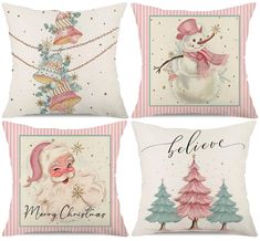 four pillows with snowmen and christmas trees on the front, one has a santa claus hat