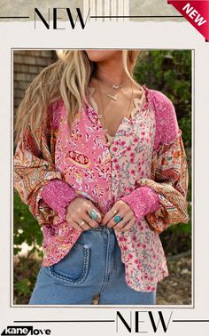 Pink Mixed Floral Printed Puff Sleeve V-neck Shirt Multicolor V-neck Peasant Top For Fall, Multicolor Floral Print V-neck Peasant Top, Fall Bohemian Split Neck Tops, Multicolor Split Neck Top For Spring, Pink Floral Print Blouse With Split Neck, Pink Floral Print Split Neck Blouse, Pink Split Neck Blouse With Floral Print, Casual V-neck Peasant Top For Spring, Bohemian Multicolor Lantern Sleeve Tops