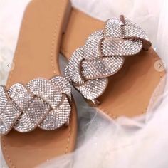 Rhinestone Embellished Women Sandal Glamorous Bedazzled Flat Sandals, Chic Bling Sandals For Summer, Chic Summer Sandals With Bling, Bedazzled Flat Beach Sandals, Chic Flat Embellished Sandals, Glamorous Embellished Flat Sandals, Chic Flat Sandals With Rhinestones, Chic Bedazzled Open Toe Sandals, Elegant Bling Sandals For The Beach