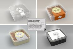 four different types of containers with labels on them