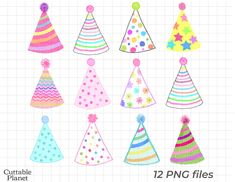 12 party hats with different colors and designs