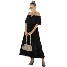 Black Off Shoulder Tie Waist Ruffle Maxi Dress Black Off-shoulder Maxi Dress With Ruffles, Black Off-shoulder Midi Dress With Ruffles, Black Ruffle Hem Maxi Dress For Brunch, Black Maxi Dress With Ruffle Hem For Brunch, Black Ruffled Maxi Dress For Day Out, Casual Black Maxi Dress With Ruffles, Black Tiered Maxi Dress For Brunch, Casual Black Maxi Dress With Ruffle Hem, Ruffle Maxi Dress