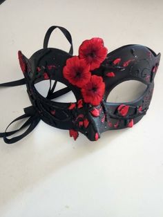 black half face sexy mask with red flowers handmade stitched details, masquerade costume party mask by mademeathens Half Mask Design Masquerade Ball, Handmade Masquerade Mask, Masquerade Mask Flowers, Colorful Masquerade Mask, Goth Face Mask, Rose Masquerade Mask, Red And Black Masquerade Mask, Masquerade Mask Ideas, Mascarade Costume